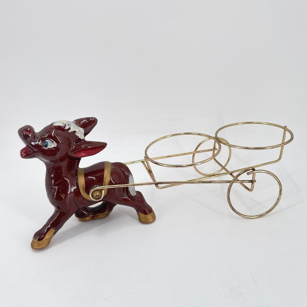 Vtg Ceramic Donkey Figurine Metal Basket Cart Salt Pepper Condiment Caddy